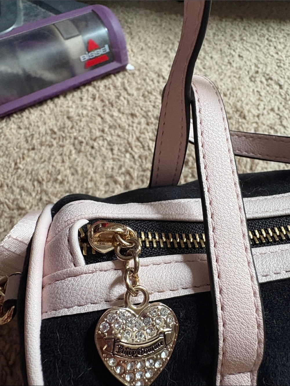 Juicy Couture Black Velvet Mini Barrel Bag with Pink Trim - Picture 3 of 5
